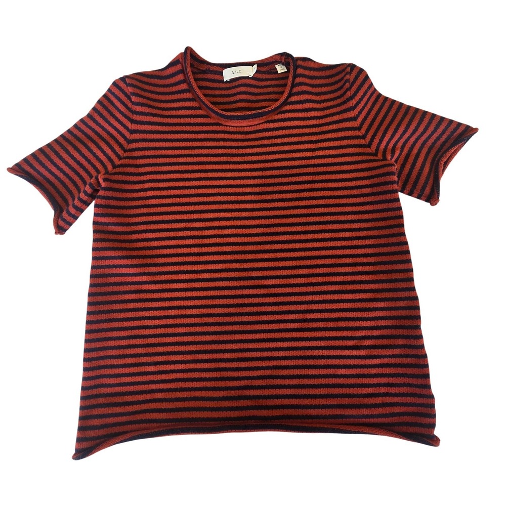 A.L.C. Striped Short Sleeve Knit Top Rust Red Navy Blue XS S-02 9341